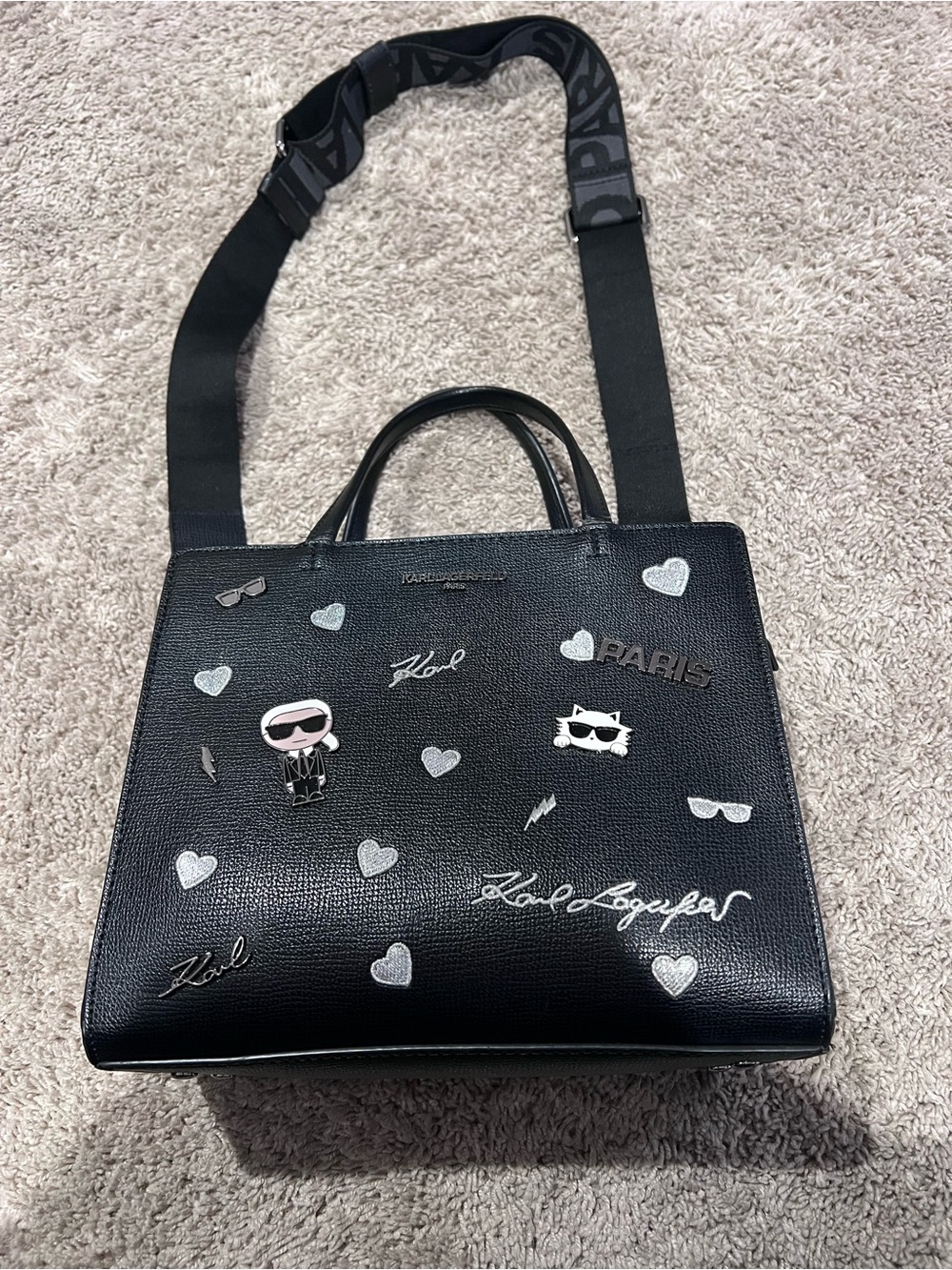 Karl Lagerfeld Black Graphic Satchel with Detachable Strap